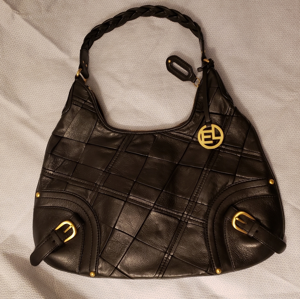 Elliott Lucca Black Leather Weave LG Shoulder Bag Purse EUC